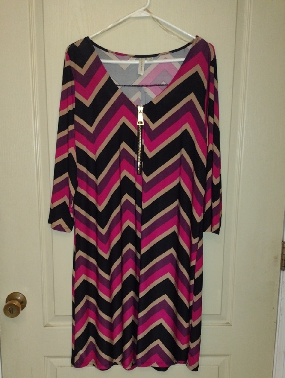 Tacera Pink, Black & Cream Chevron-Striped Midi Dress with Front Zip